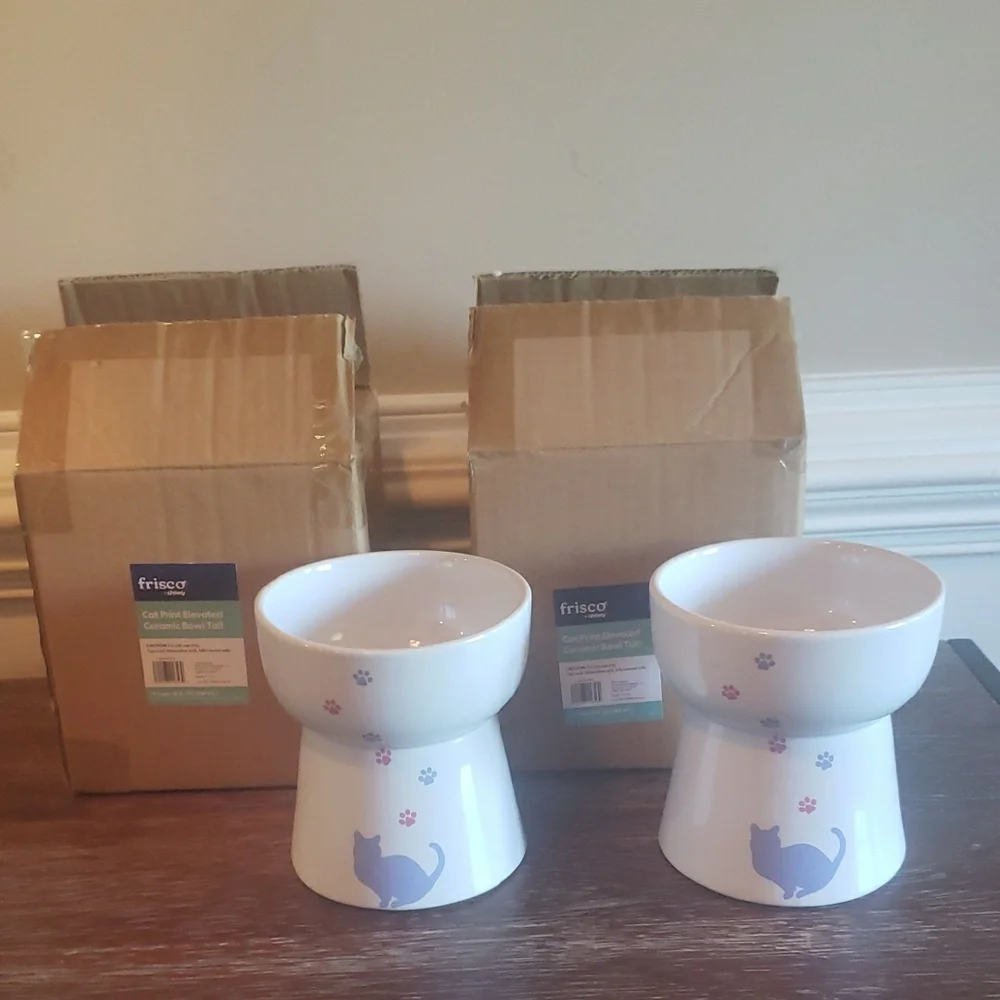 New! Frisco Cat Print Non-Skid Elevated Ceramic Cat Bowl, 1.5 cup (2 bowls)